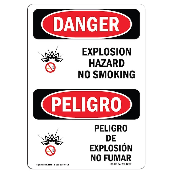 Safety Sign, OSHA Danger, 24" Height, Aluminum, Explosion Hazard No Smoking Spanish